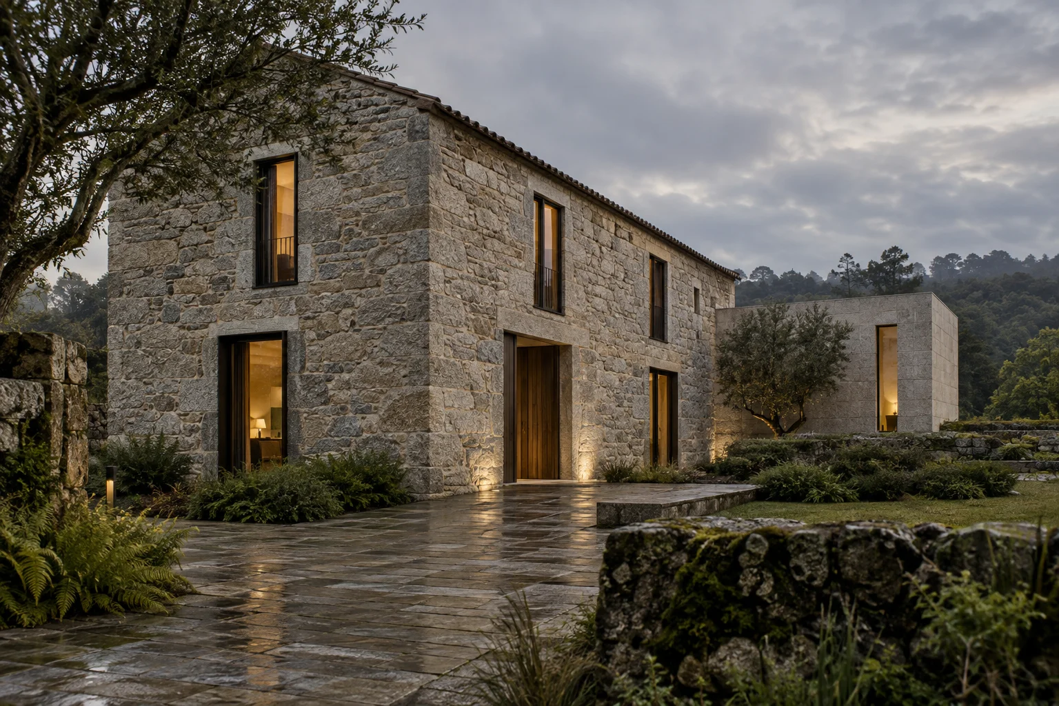 Visualización conceptual generada con IA de una rehabilitación de arquitectura en piedra con detalles contemporáneos